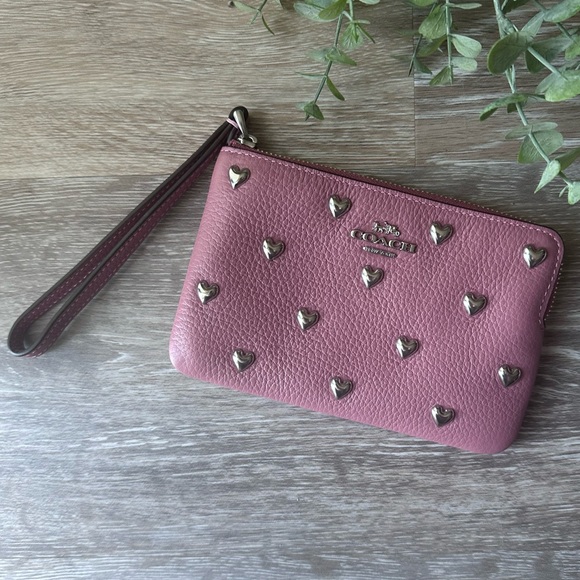 Coach Handbags - Coach Pink Heart-Studded Leather Wristlet
